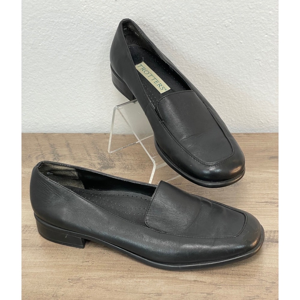Trotters Betty Loafers 8M Black Leather Square Toe‎ Low Block Heel Vtg 80-90's